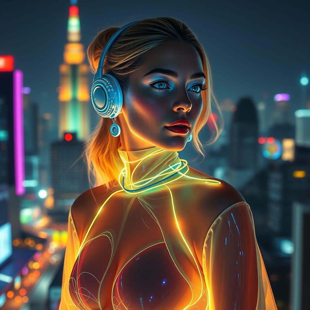Elegant Woman in High-Tech Dress in Futuristic City