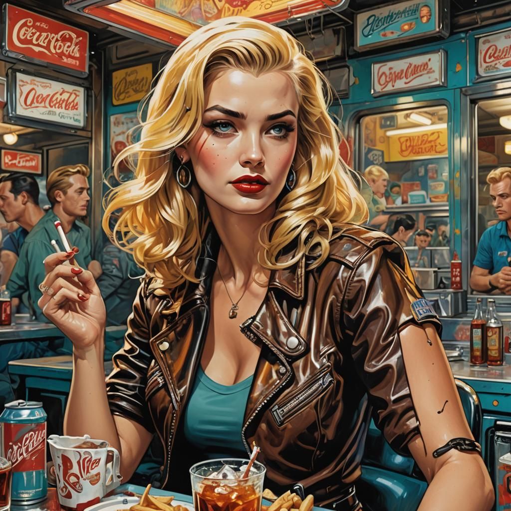Beautiful Blonde in 1945 Diner, Graffiti Art Style