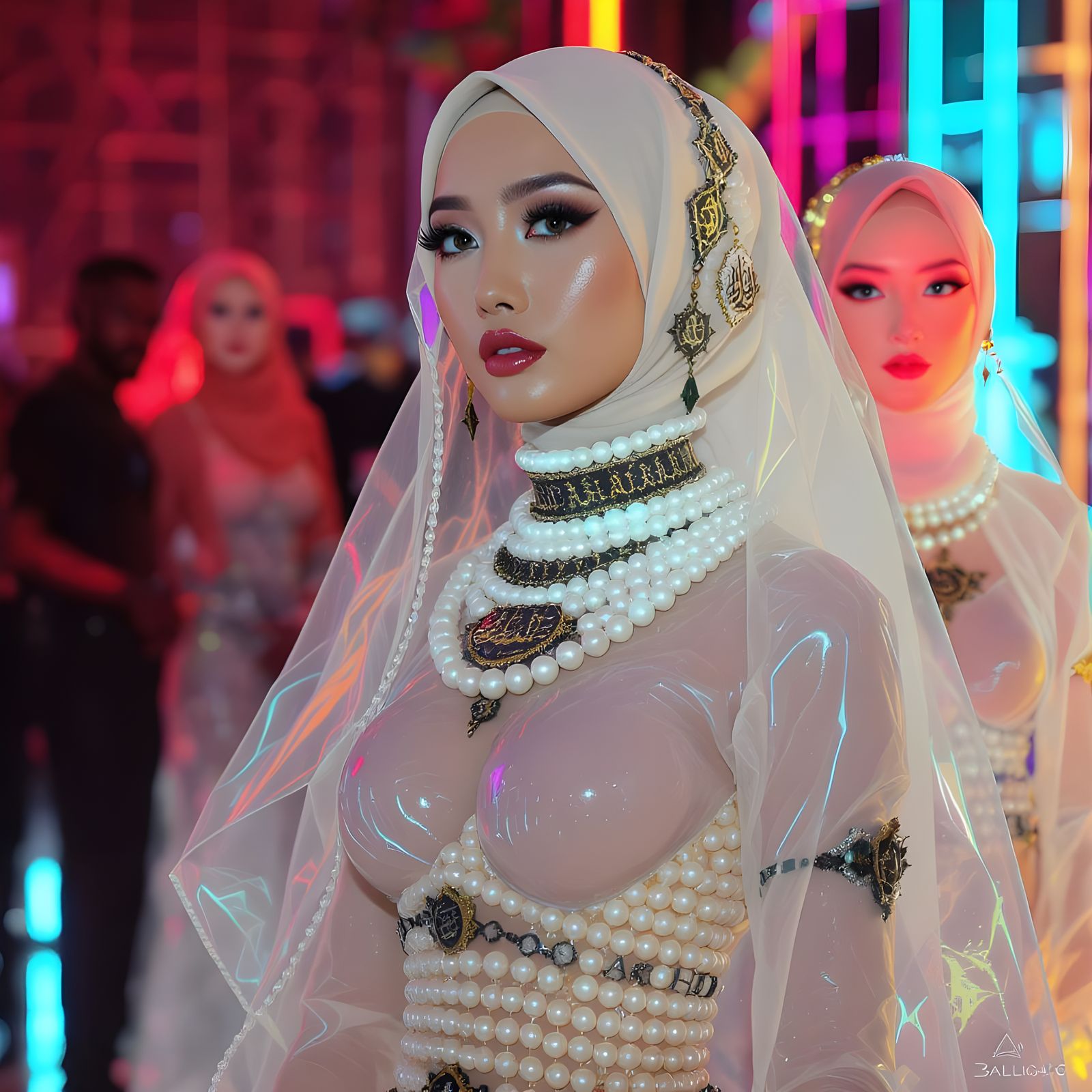 Elegant Hijab with Pearl Chain in Futuristic Style