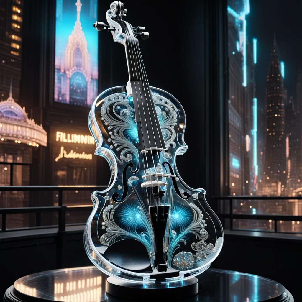 Elegant Crystal Violin in Futuristic Cityscape