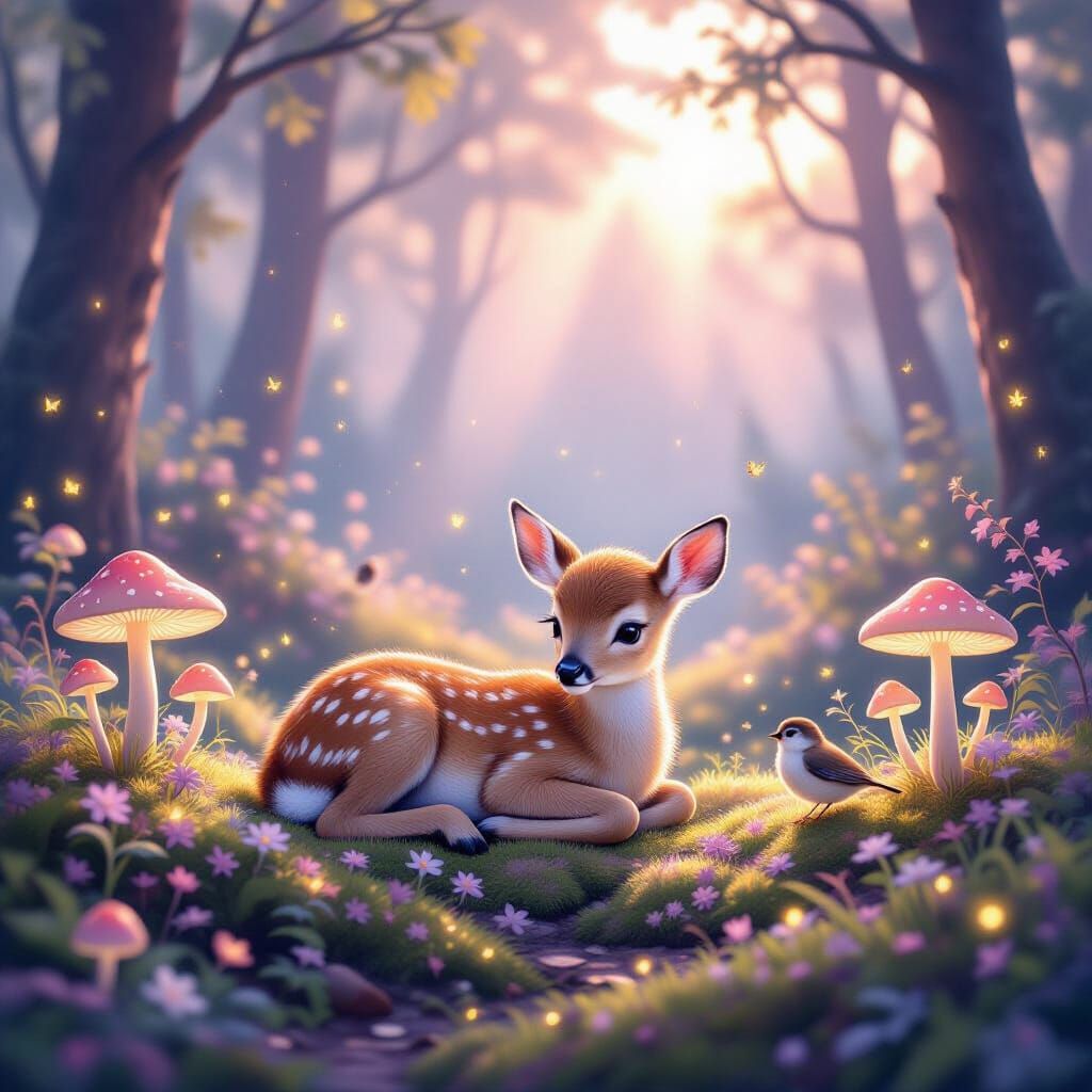 Enchanting Forest Glade with Fawn and Glowing Mushrooms