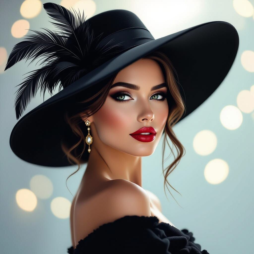 Vector art style painting, lovely lady wearing a big black hat with feathers, realistic