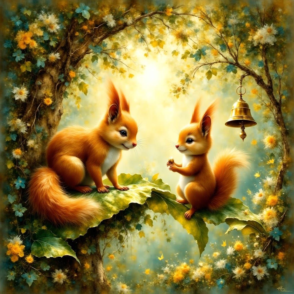 <lora:EtherealVisionsFlux:1.0> Two squirrels in a whimsical ...