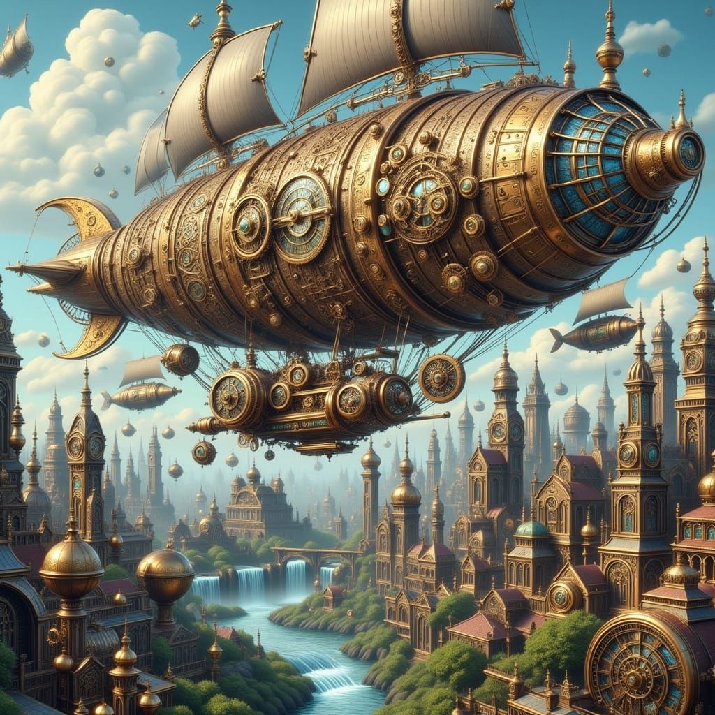 Steampunk Airship Navigates Floating Islands in Vibrant Illu...