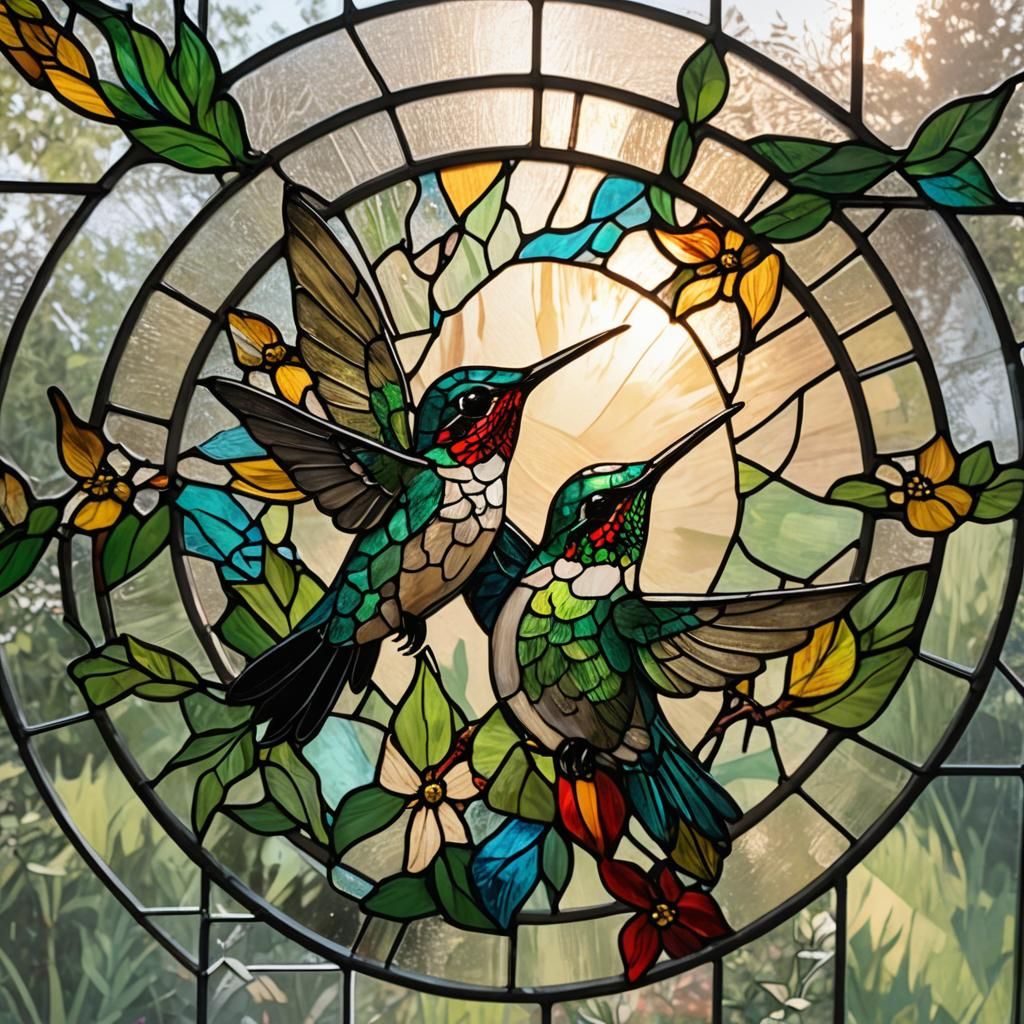 Hummingbird in Stained Glass Window with Sunlight