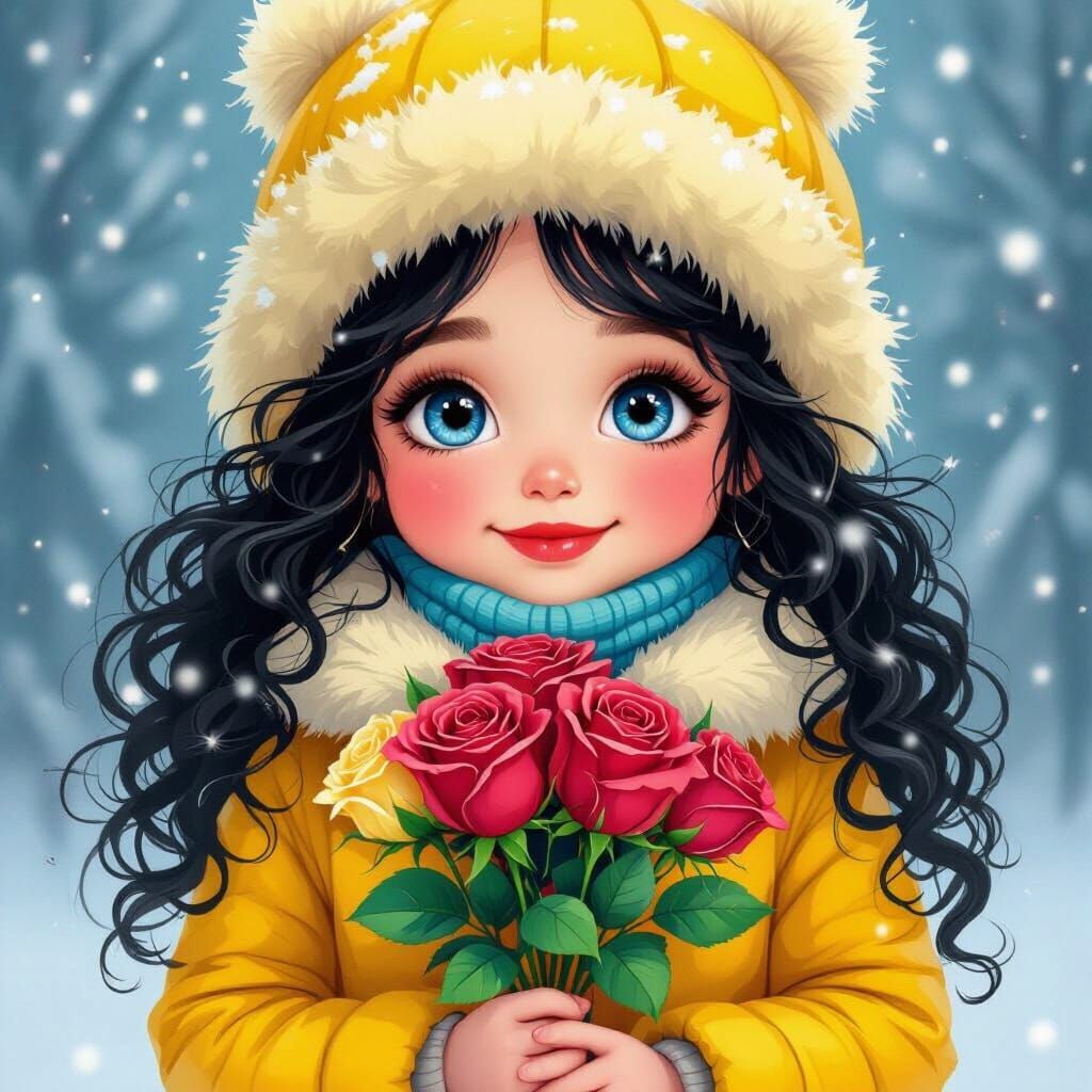 Girl with Roses in Winter, Cartoon Colored Pencil Style