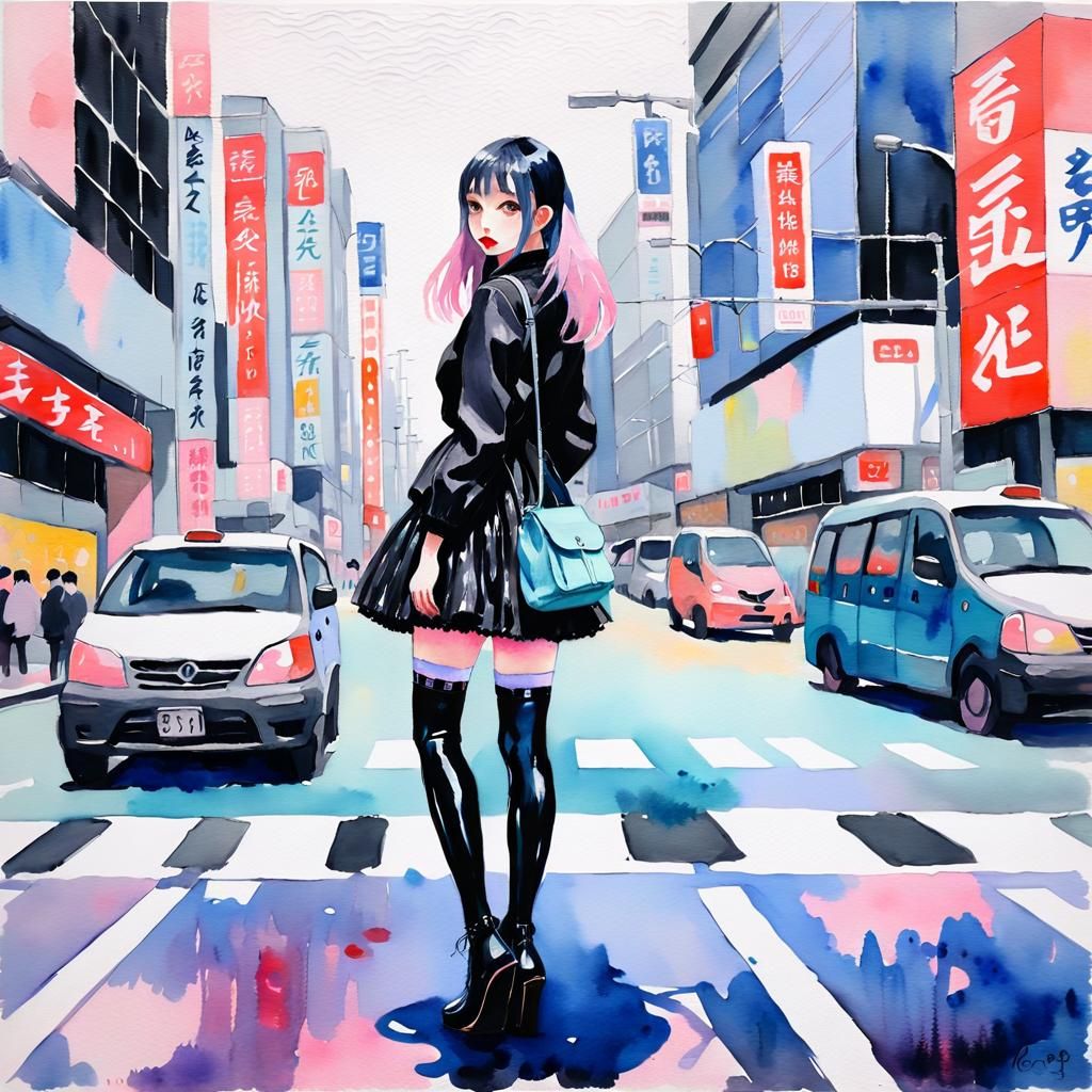 Fairy Kei Girl in Tokyo, Gouache Style