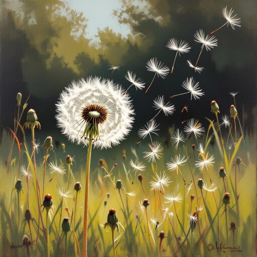 Dandelion Seeds Adrift: An Impressionistic Oil Painting