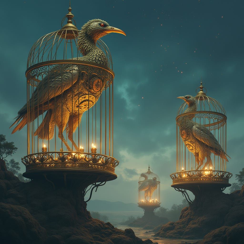 Mechanical Birds in Ornate Cages at Twilight