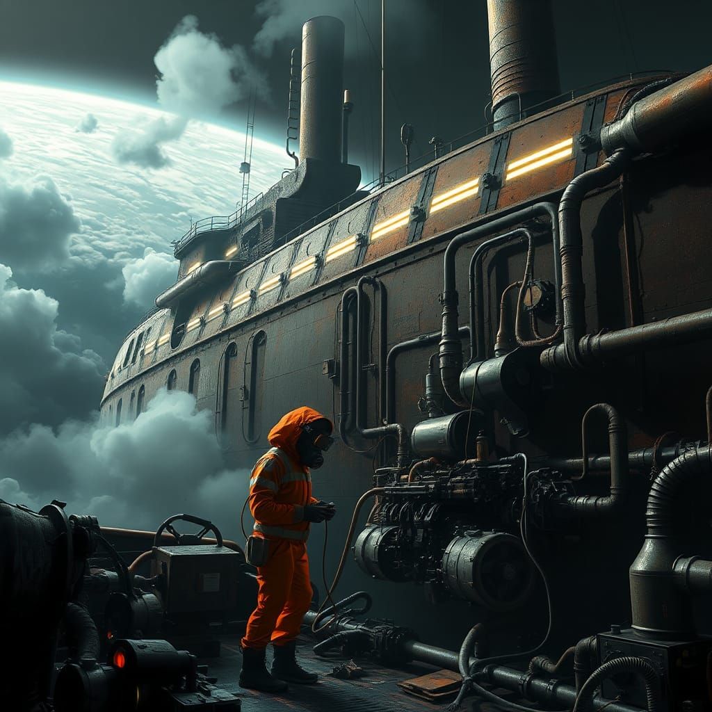 Dystopian Research Vessel Drifting Through Jupiter's Atmosph...