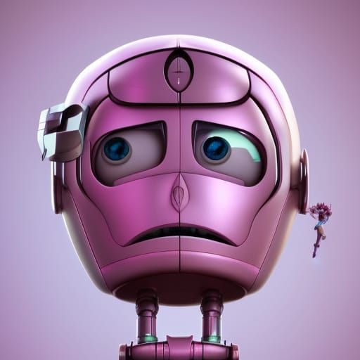 Pink Metal Robot Cyborg Head in Comic Style