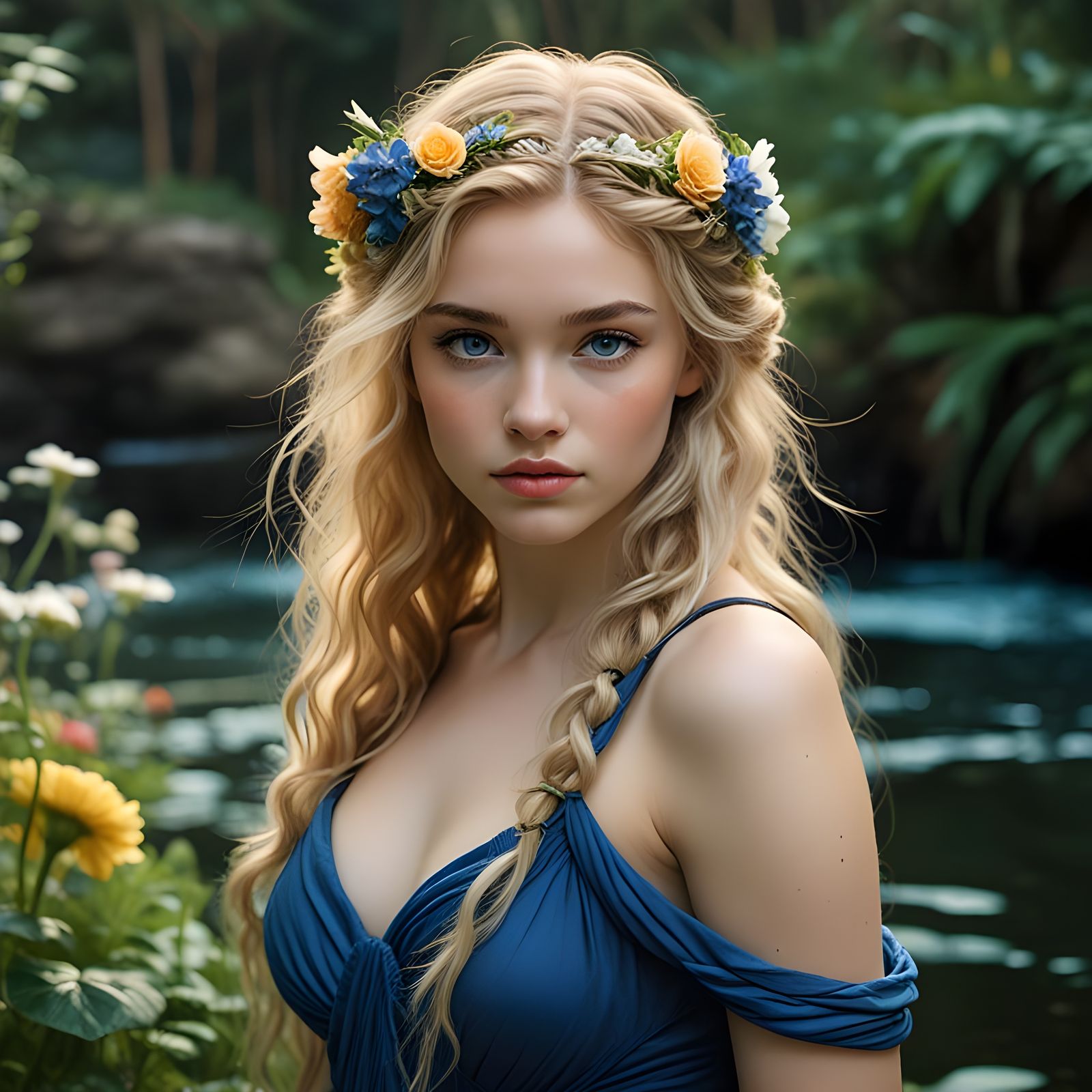 Norse Goddess in a Lush Water Garden