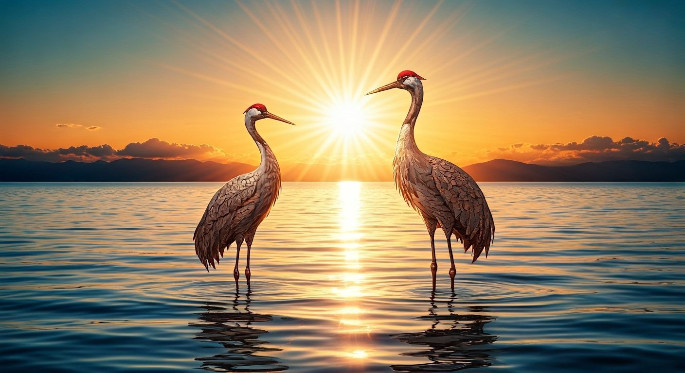 British Coin Art: Cranes, Lake, and Sun