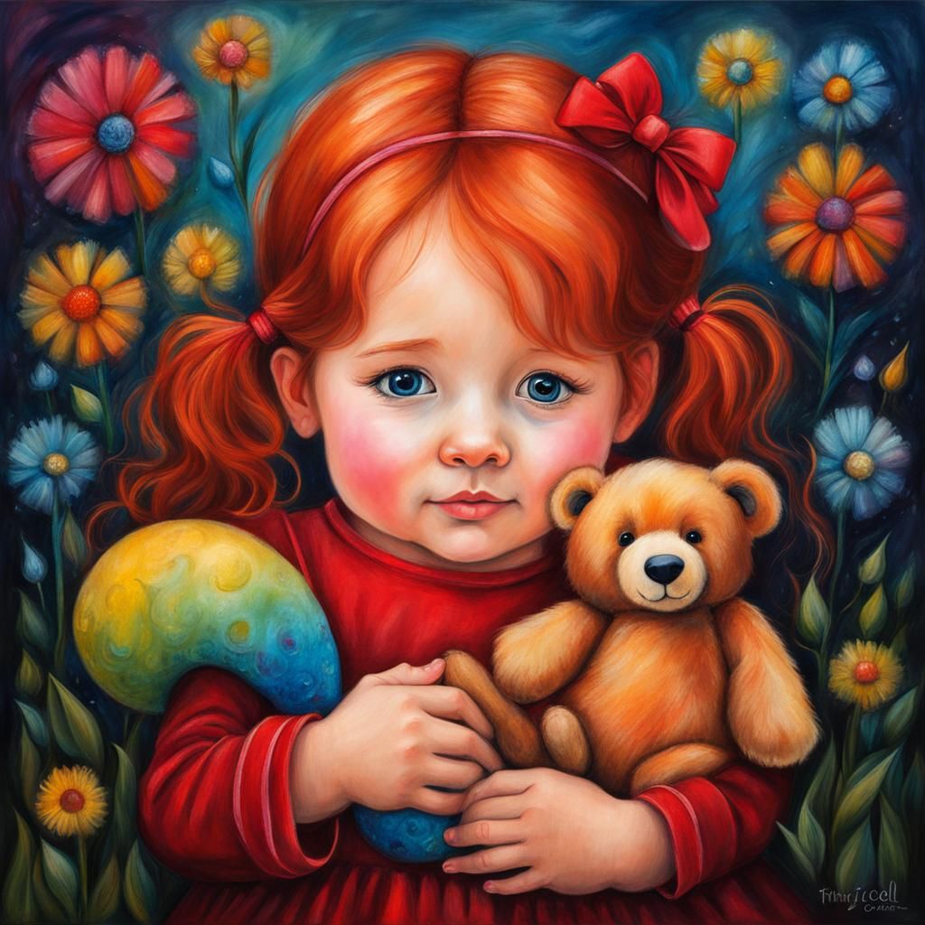 Red-Haired Girl with Teddy Bear: Oil Pastel Portrait
