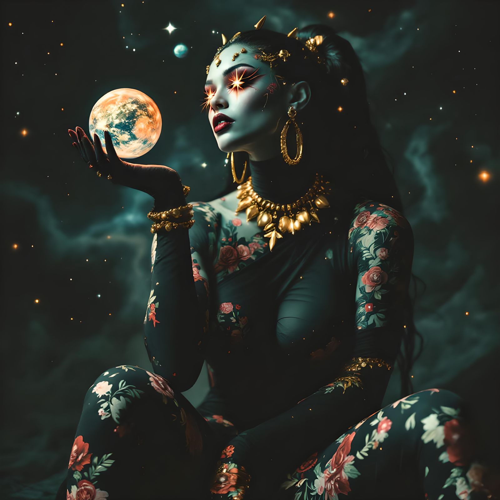 Exotic Fabric Woman Holding Earth