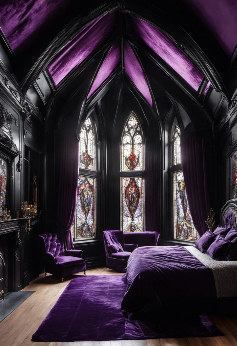 Gothic Bedroom with Velvet Drapes and Stained Glass