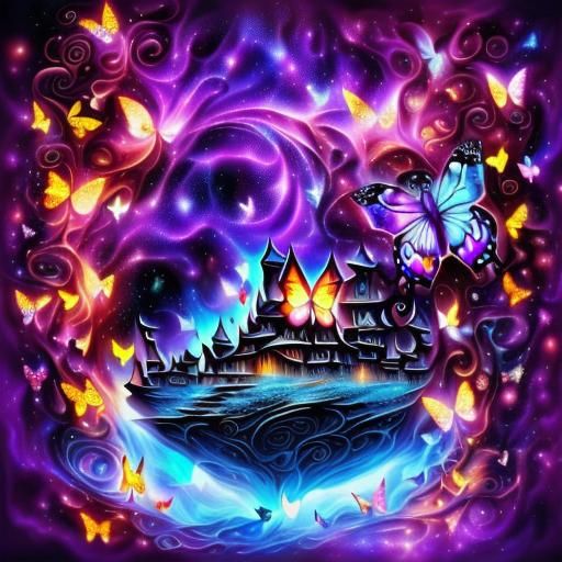 Floating Island City at Night with Butterflies