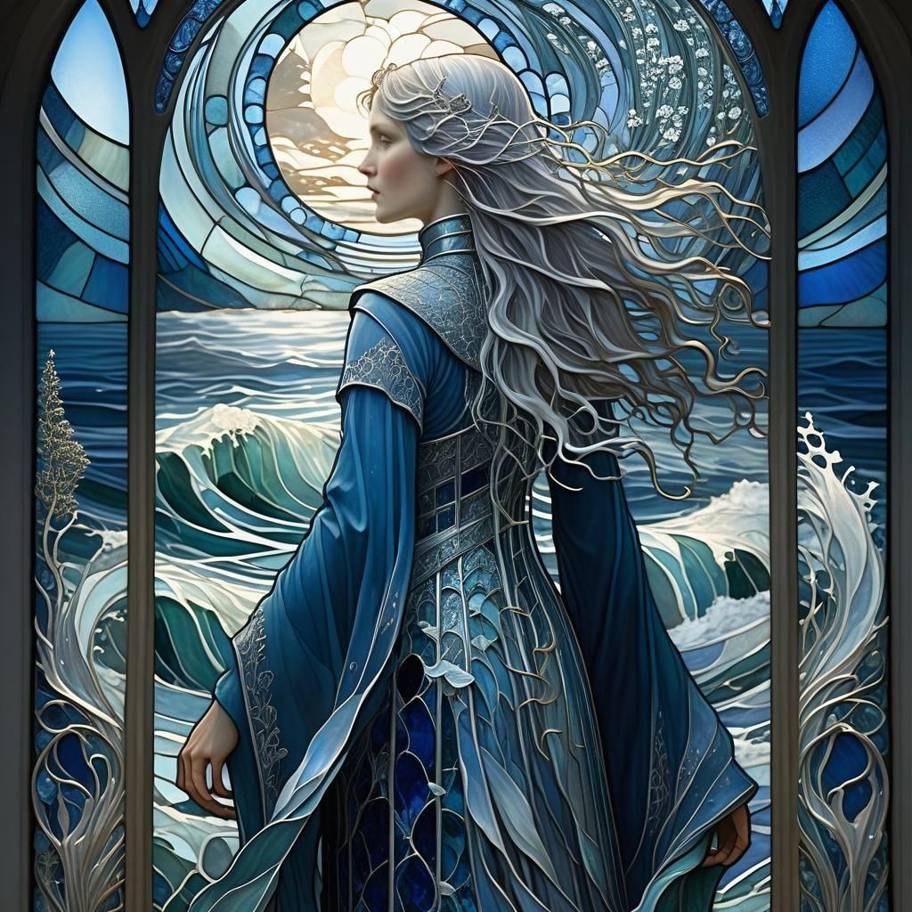 Art Nouveau Maiden by Lighthouse in Blue Silver