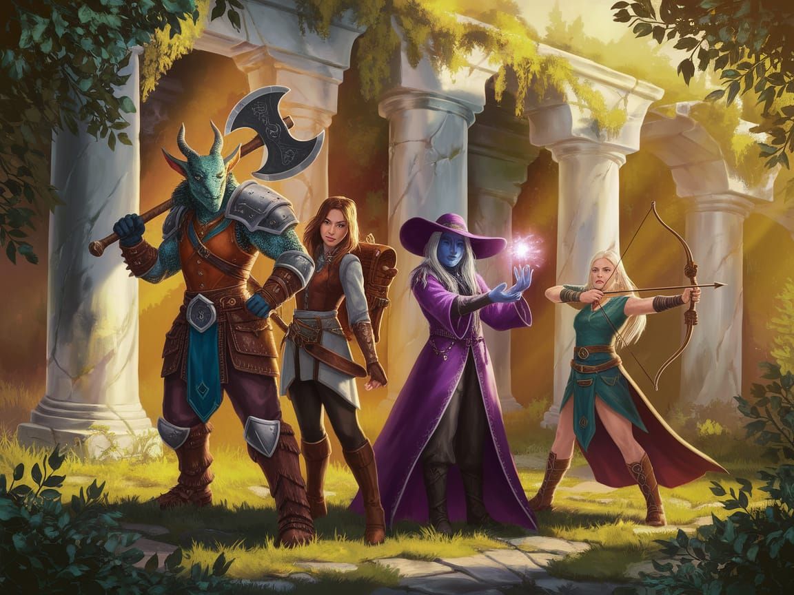 Female Adventurers at Ancient Ruins: Digital Art