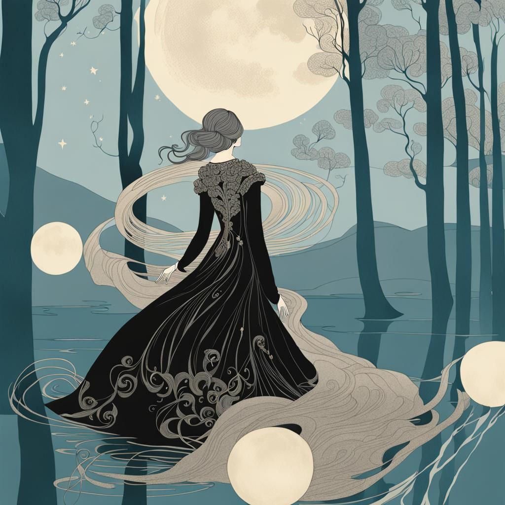 Art Nouveau Woman at Moonlit Lake Illustration