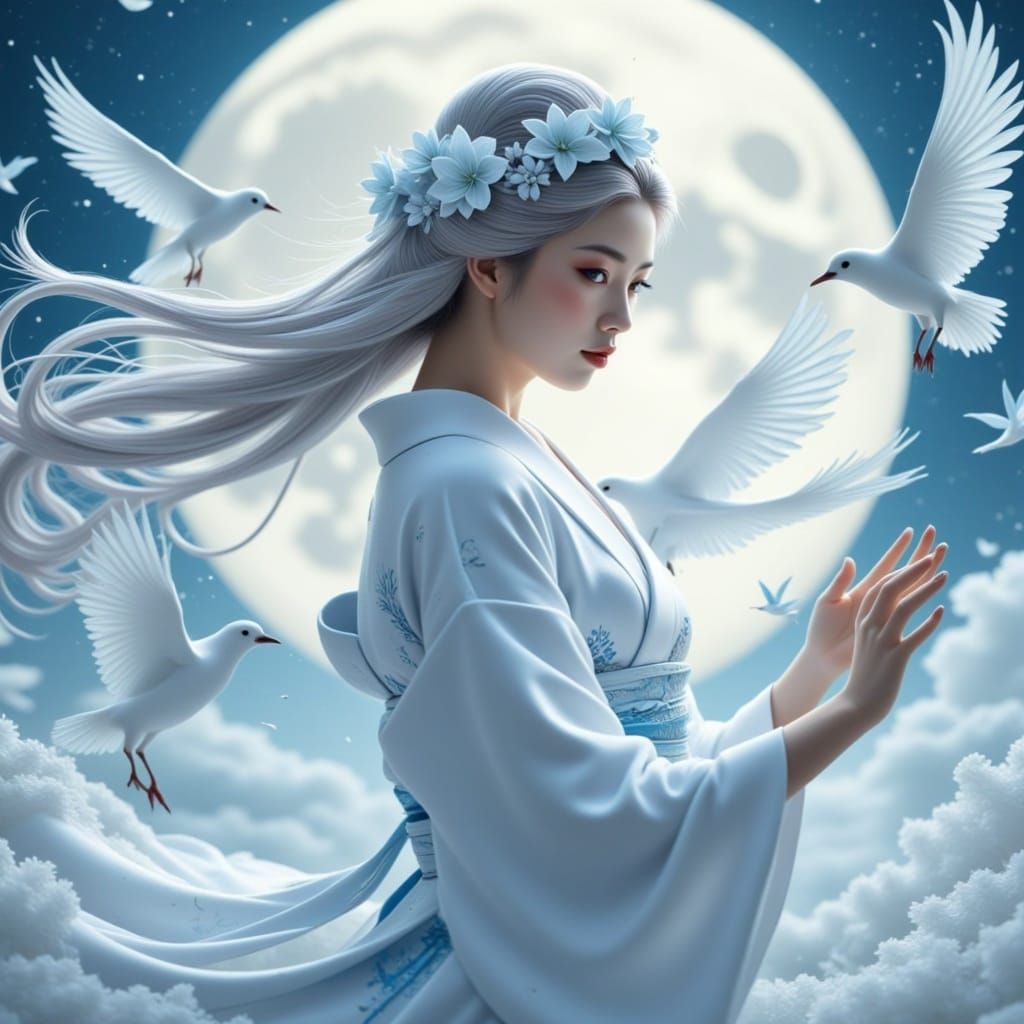 Ethereal, stunning, photorealistic, intricate details, a beautiful, candid Asian woman in a flowing white and white flor...