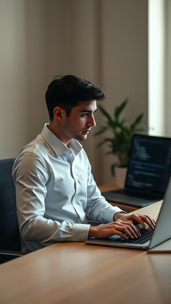 Man Coding at Desk in Cinematic Style