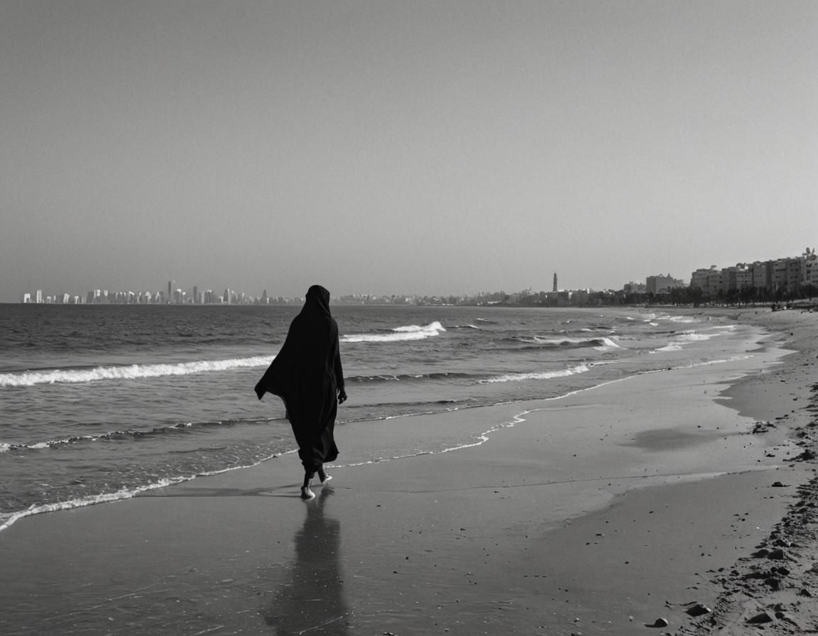 Woman in Niqab on Egyptian Beach in Grayscale