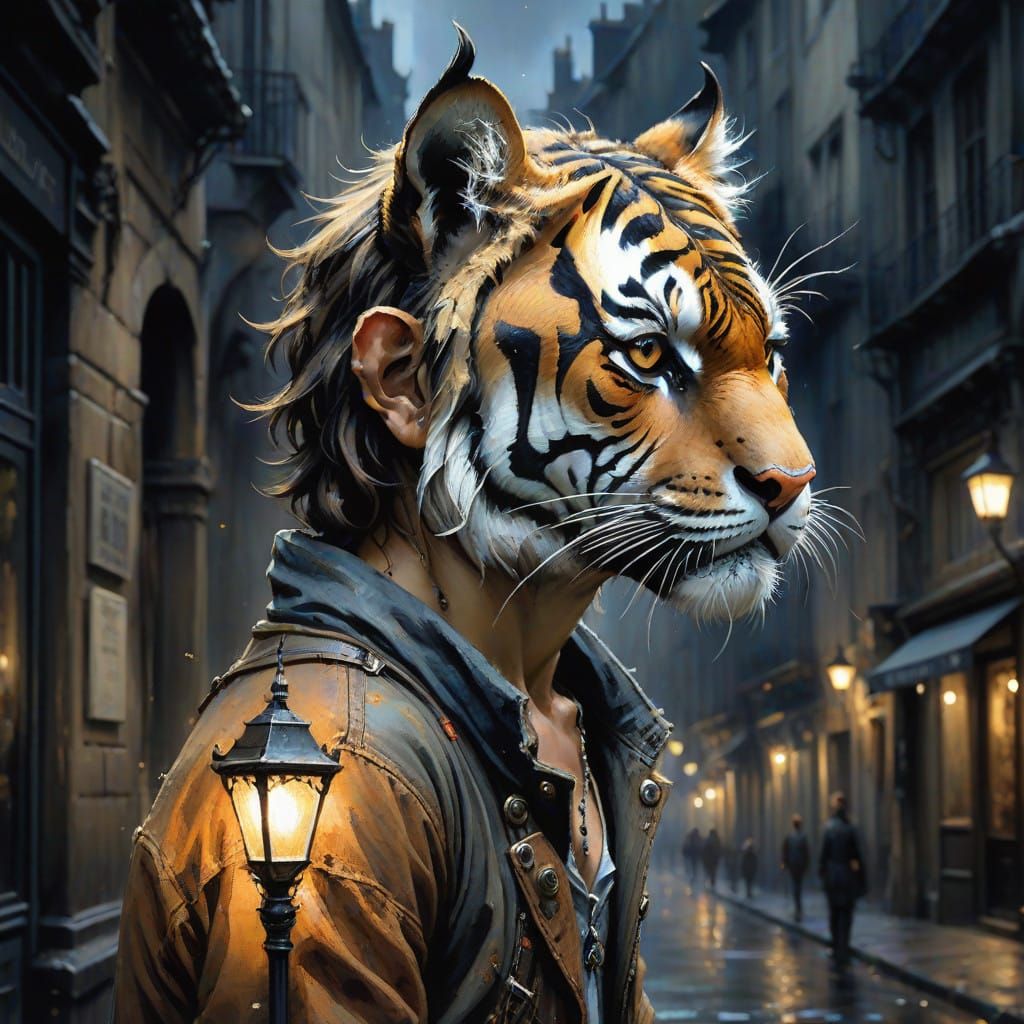 Ethereal Young Demon-Tiger Hybrid Lost in French Street