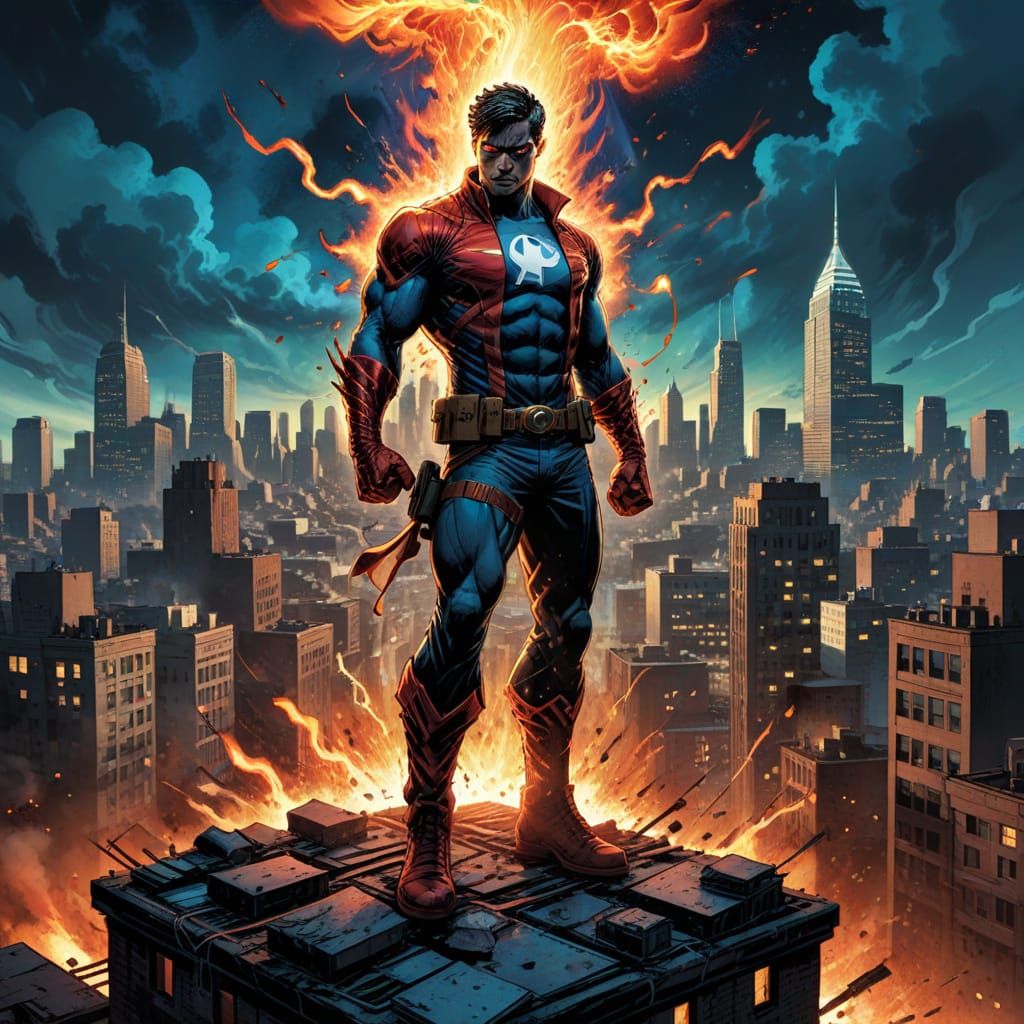 Hero on Rooftop Overlooking City in Vibrant Comic Art Style