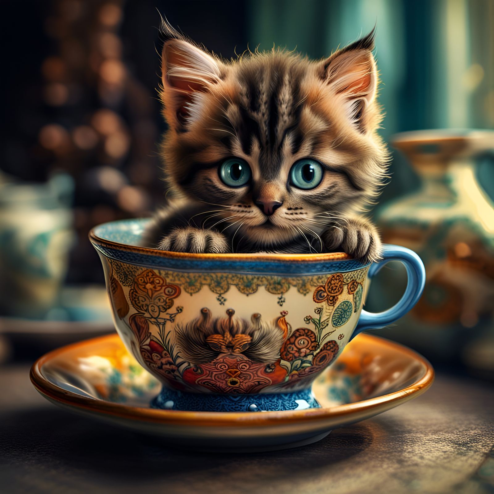 Cute Kitten in Teacup, Hyperrealistic Louis Wain Style