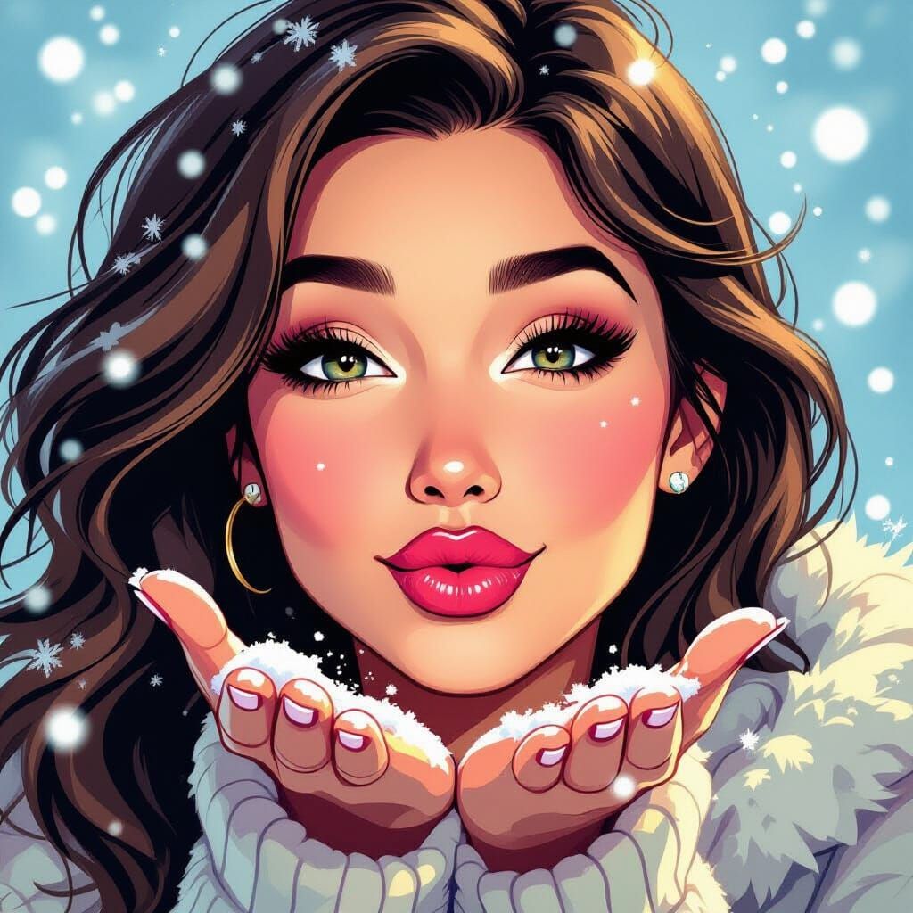 Woman Blowing Kiss in Snowfall, Vibrant Comic Style