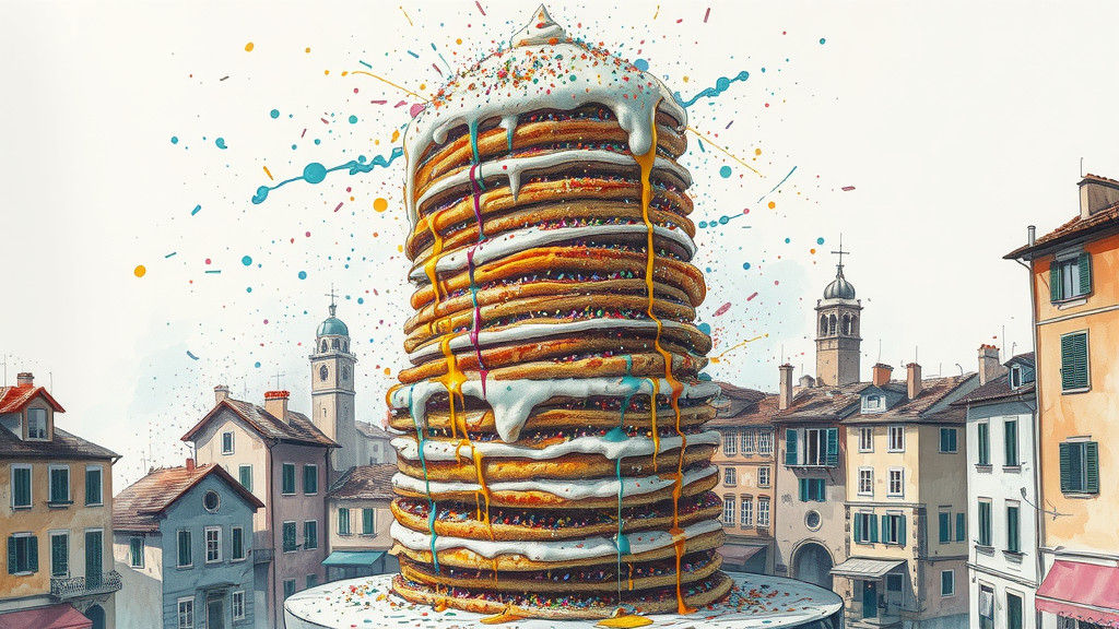 Epic Pancake Tower in Italian Town, Ink Splatter Art