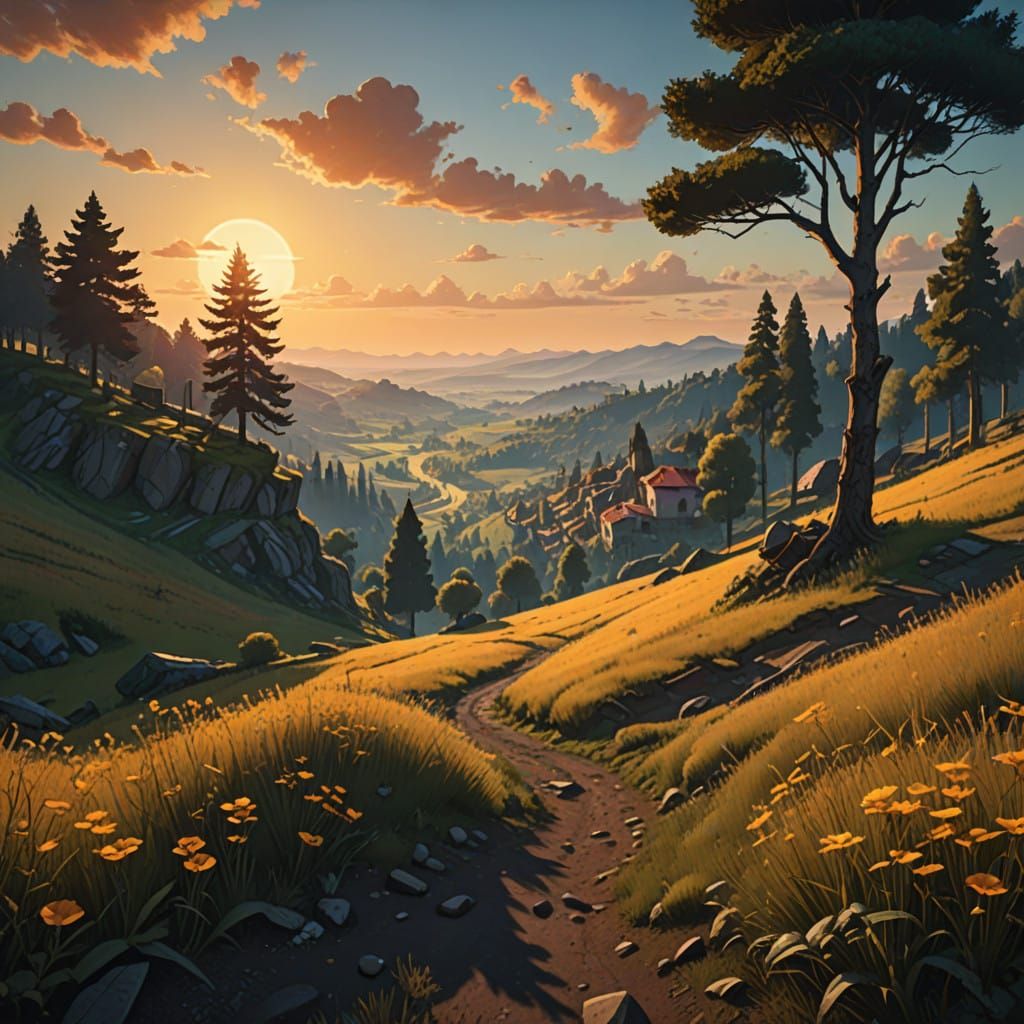 Ethereal Summer Sunset Landscape in Mannerist Style