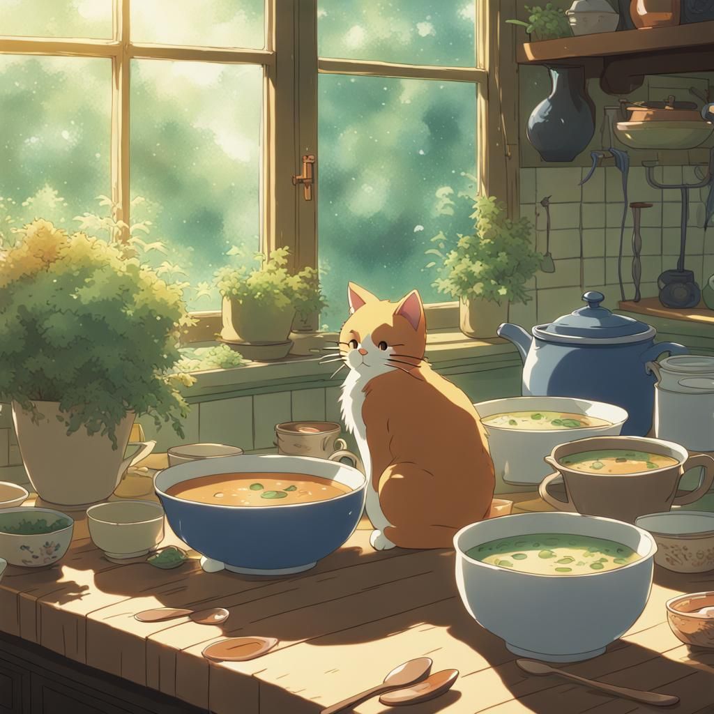 Anime Cat Soup Bowl in Studio Ghibli Style