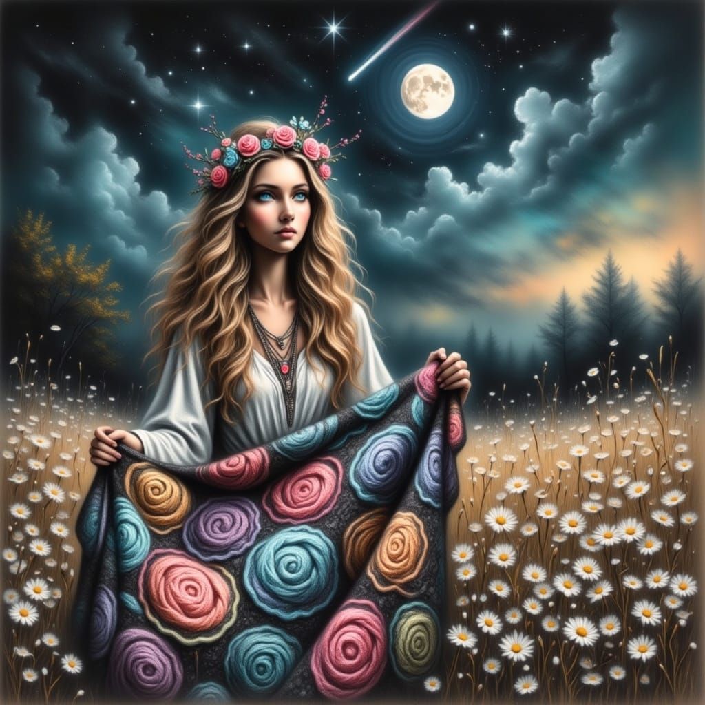 Hippie Woman with Crochet Blanket Under Starry Sky