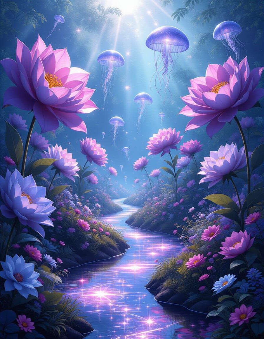 Surreal Galaxy Garden with Shimmering Light Paths