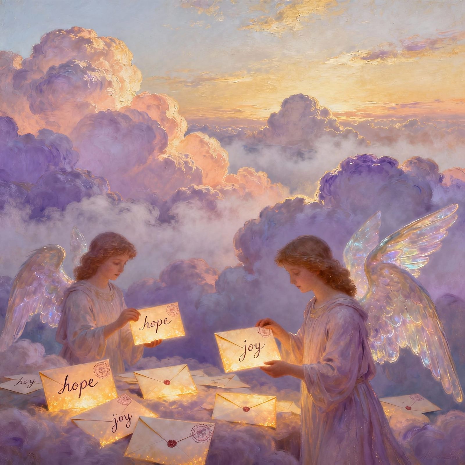 Angels Sorting Prayers in Ethereal Cloudscape