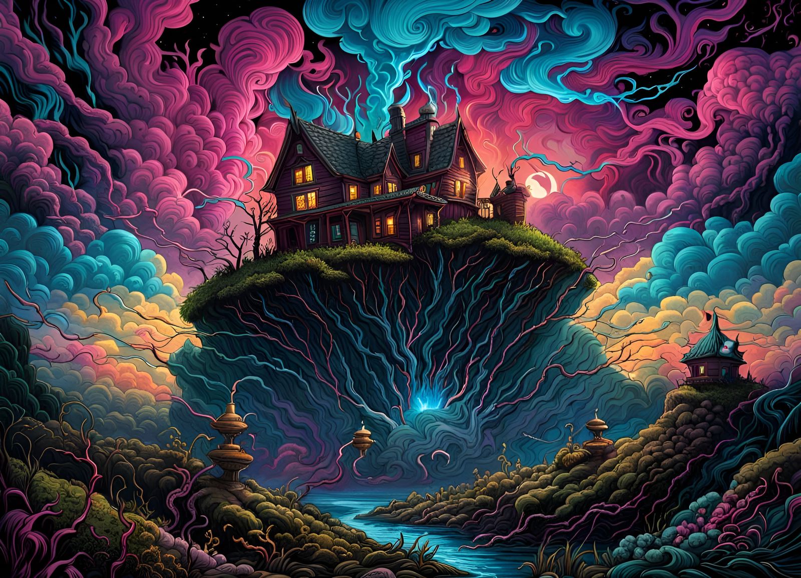 Surreal Night Landscape with Lightning Strikes