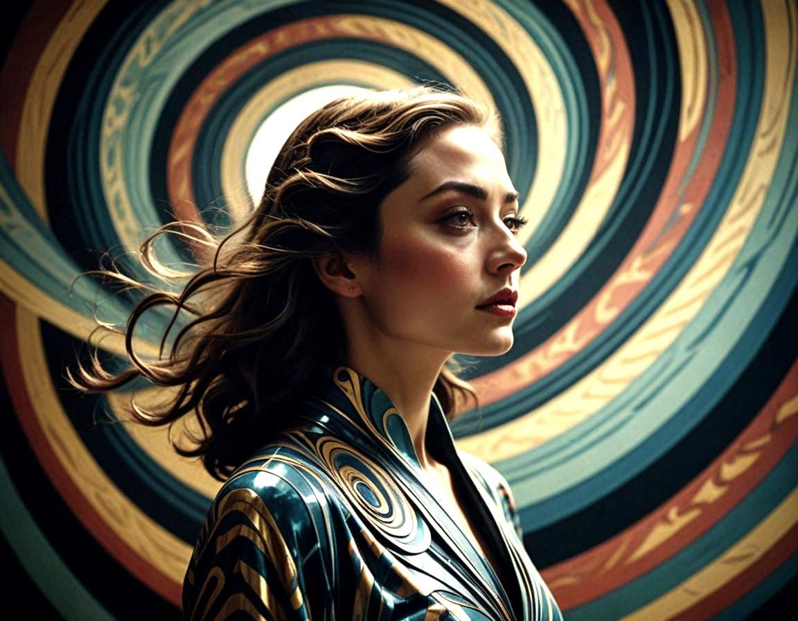 Dreamlike Woman in Swirling Stripes: A Cinematic Masterpiece