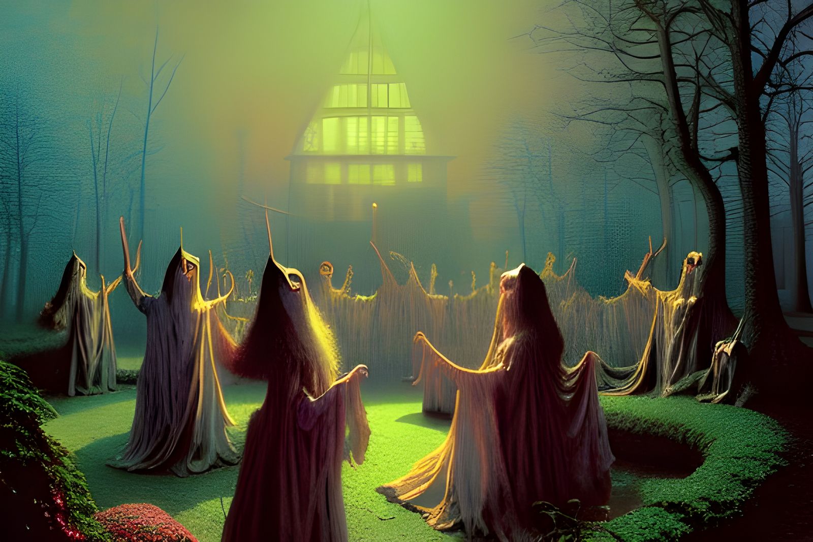 Hyperrealistic Witches Coven Dancing Around Fire