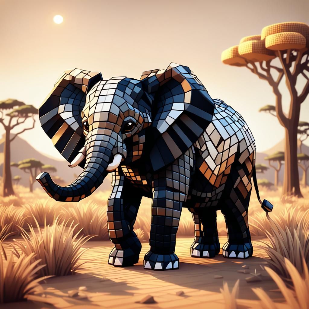 Chibi Elephant in Low-Poly 3D Pixel Art