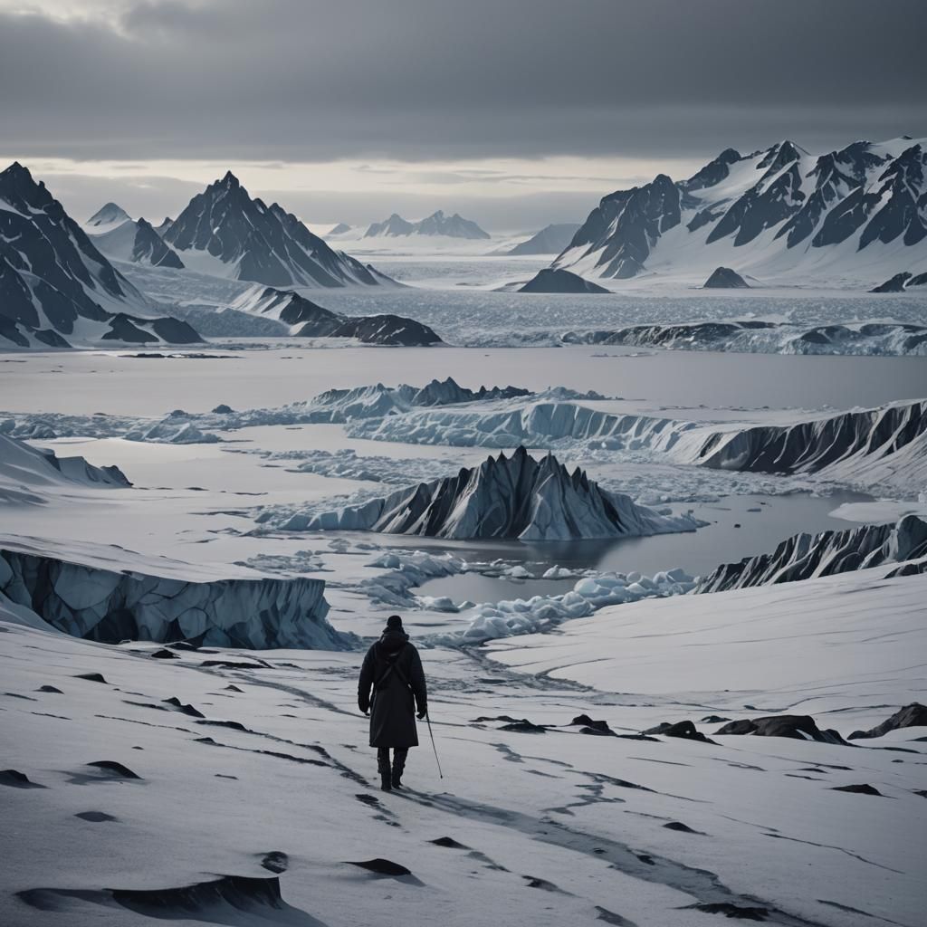 Desolate Antarctic Landscape with Eerie Figure