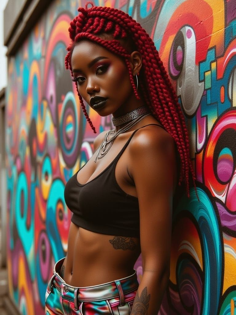 Afro-Futuristic Woman in Urban Graffiti Landscape