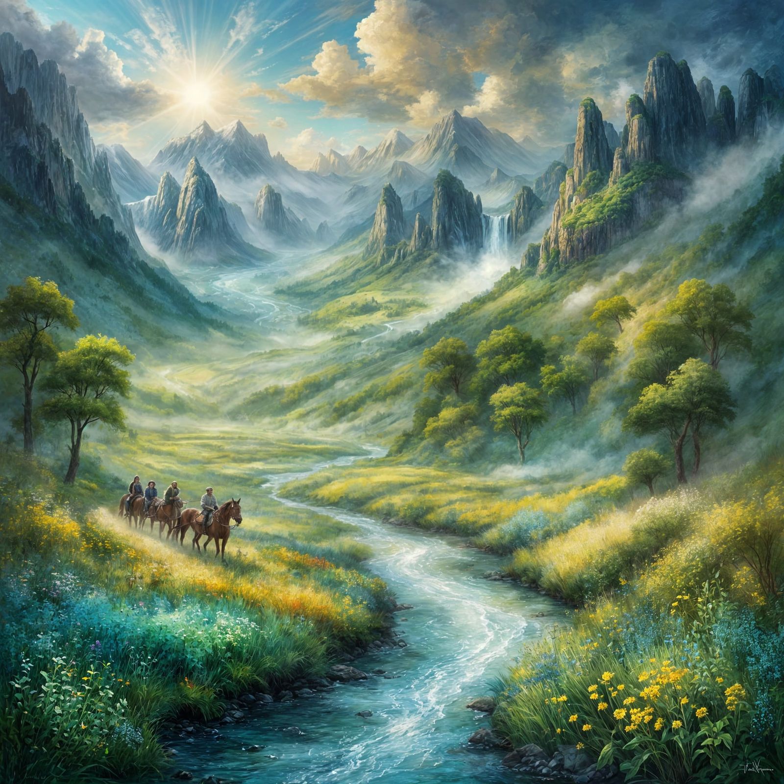 Magical Valley Painting with Horse Carriage and Golden Sunli...