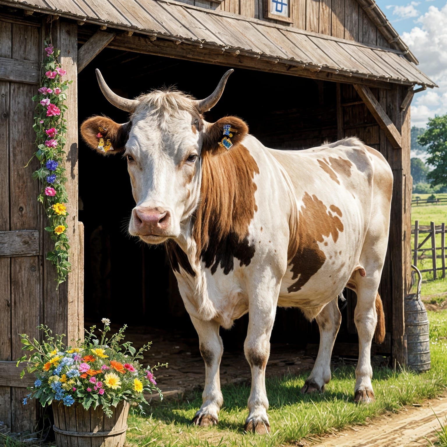 Majestic Cow Selling Fresh Milk at a Bustling Market