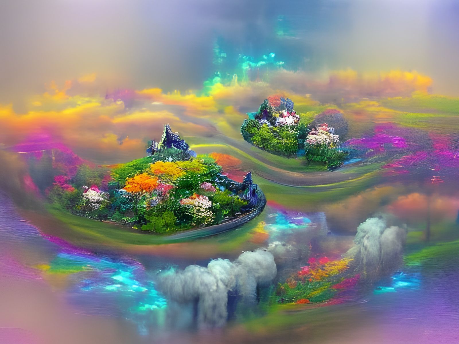 Floating Islands with Rainbows in Astral Illustration Style