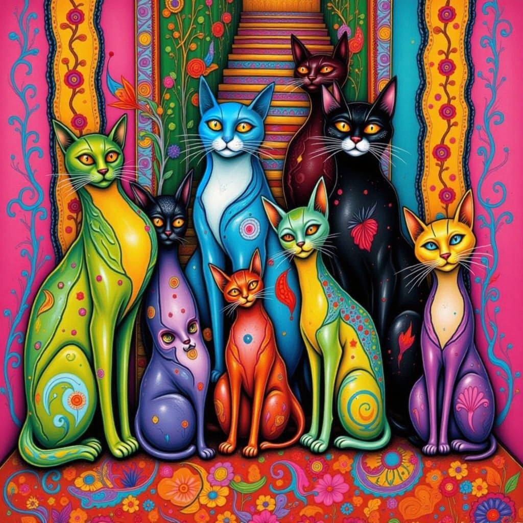 Cat Family Portrait in 70s Style