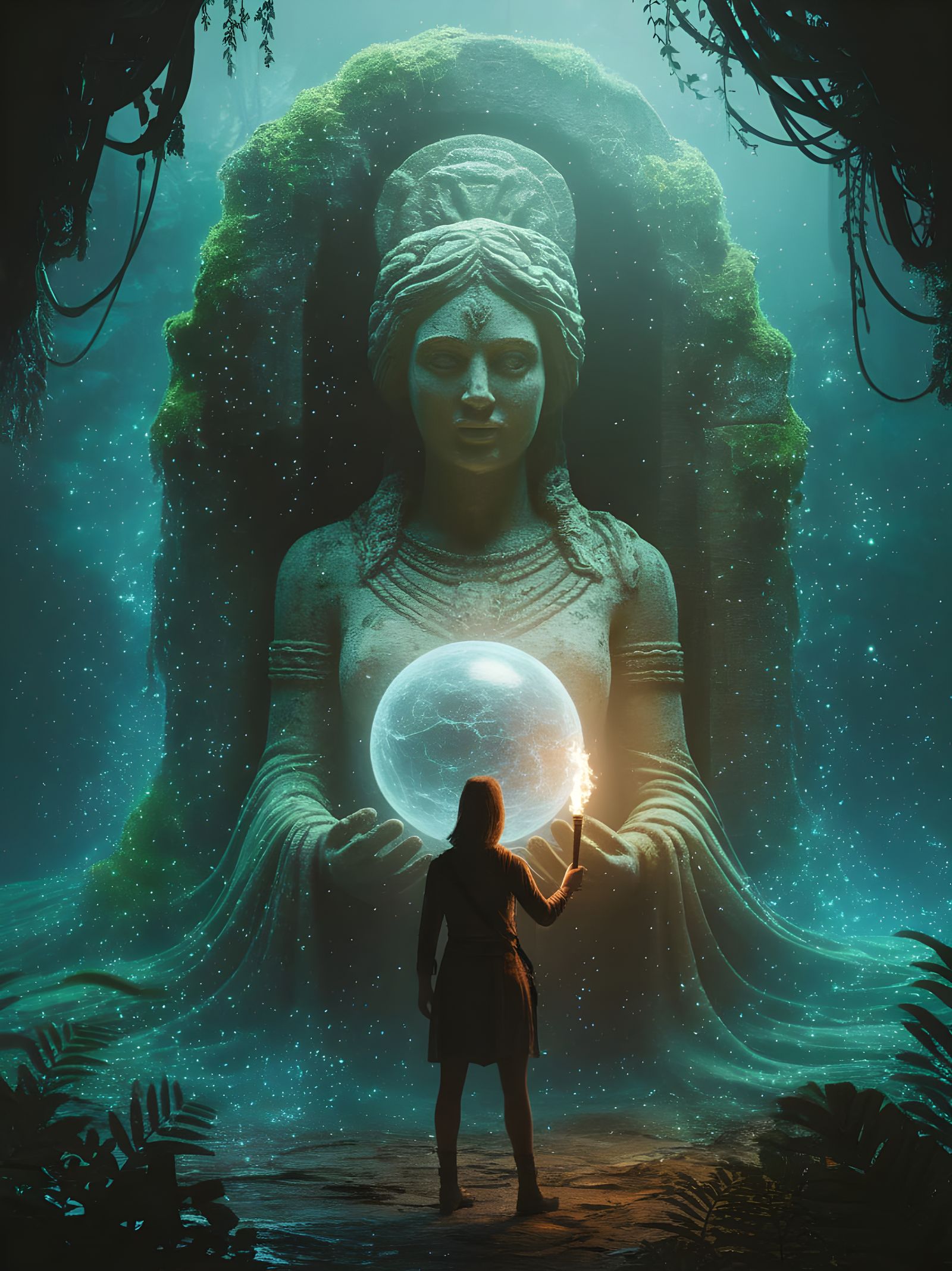 Explorer and Ancient Jungle Statue in Magical Forest