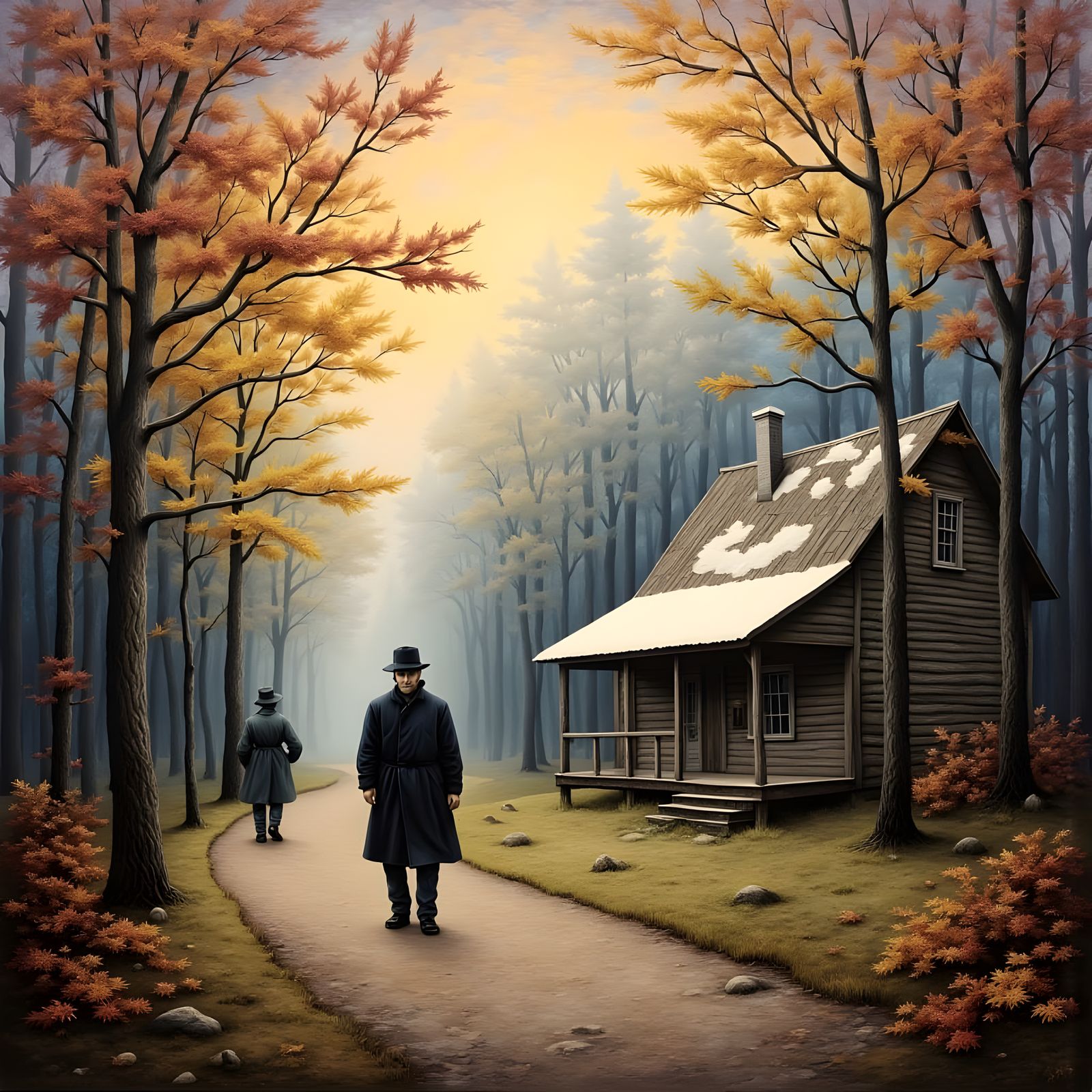 Impressionist Autumn Scene with Wooden Buildings and Mysteri...