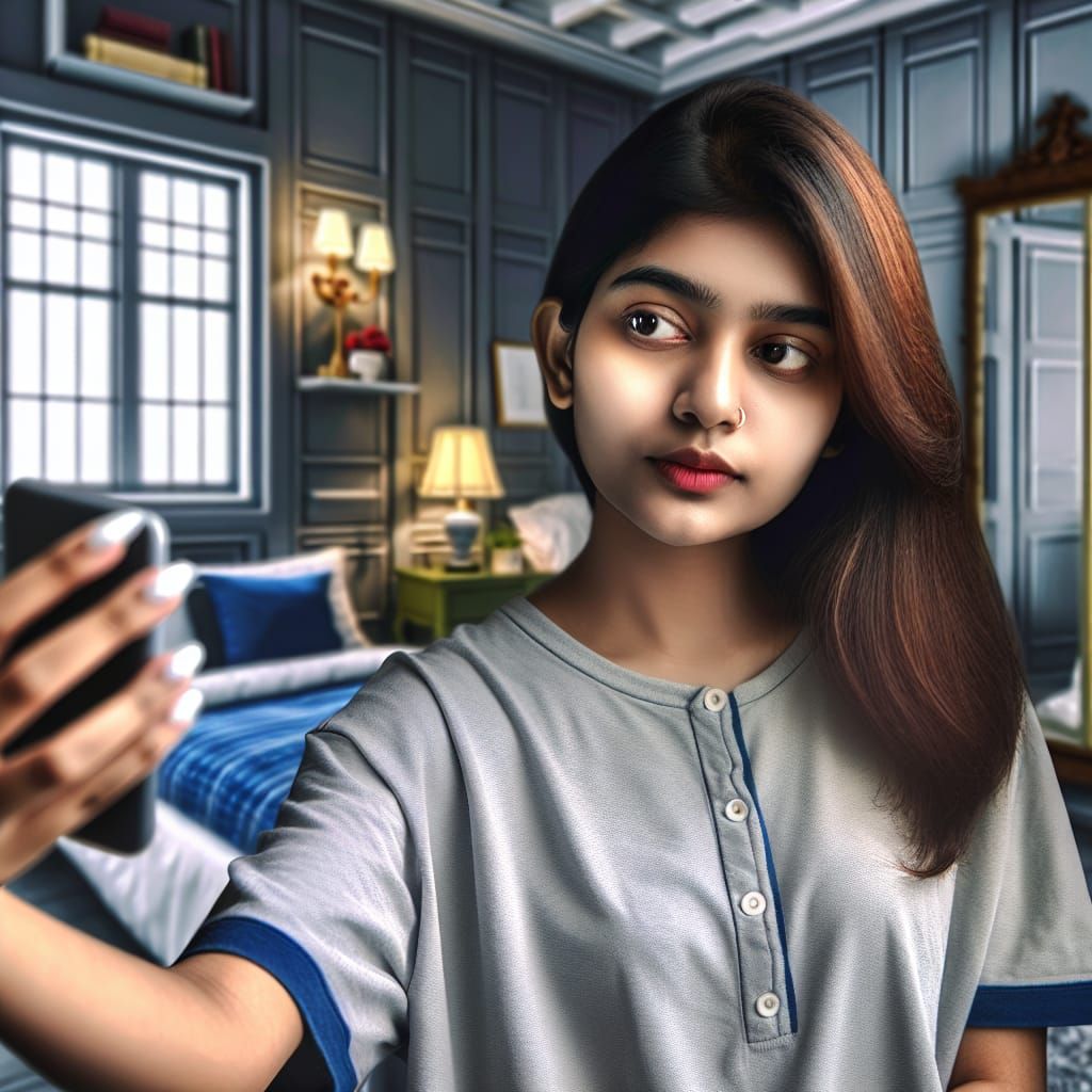 Hyperrealistic Selfie of South Asian Woman in Bedroom
